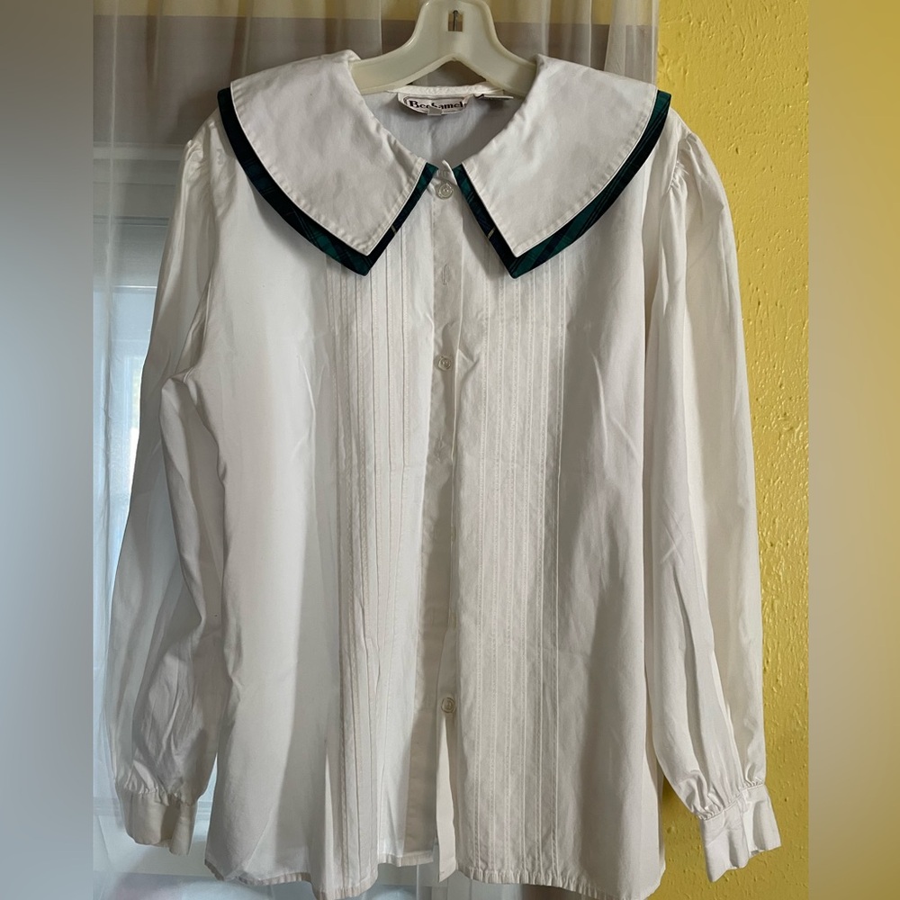 SOLD-Vintage Bechamel White Blouse with Green Trimmed Plaid Collar